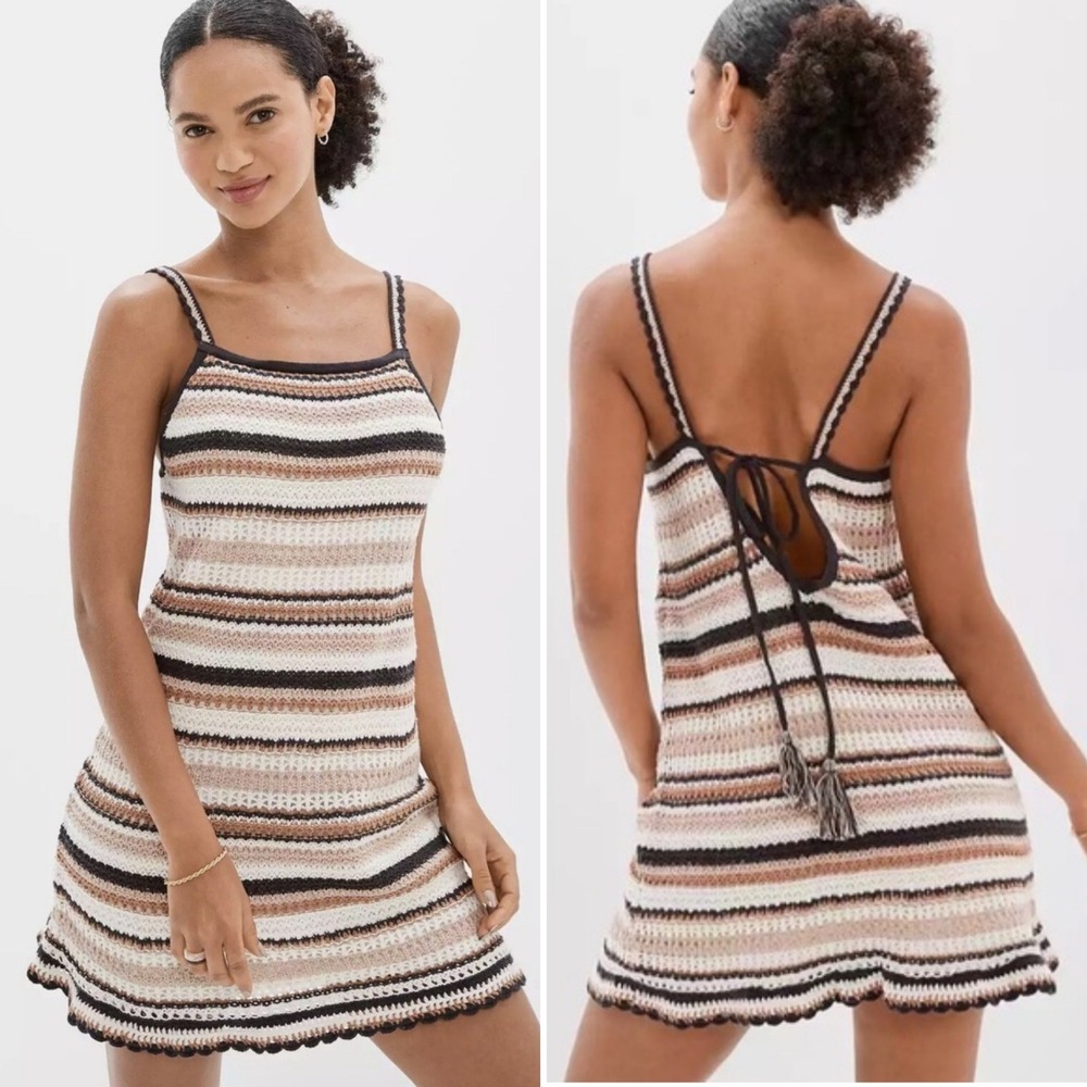 American Eagle NWT Crochet‎ Striped Mini Dress Open Back Tassel Tie Size Large